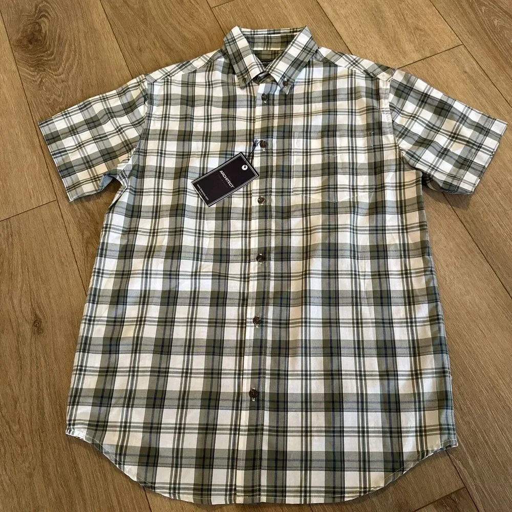 Architect Men's Short Sleeve Button Down‎ Shirt Plaid Sage Size Small NEW - Picture 2 of 9